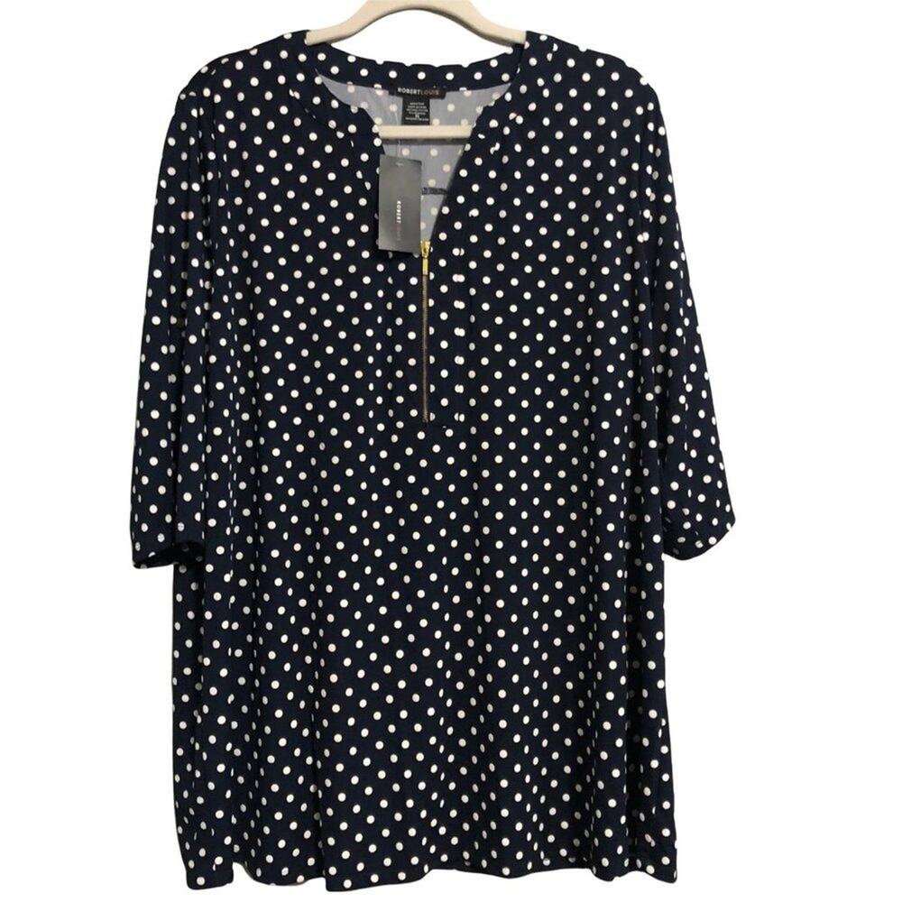 Robert Louis Navy Blue Polka Dot Pullover Blouse | Women's Size 3X